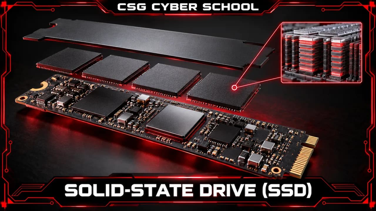 SSD circuit board with NAND flash chips and a memory cell illustration