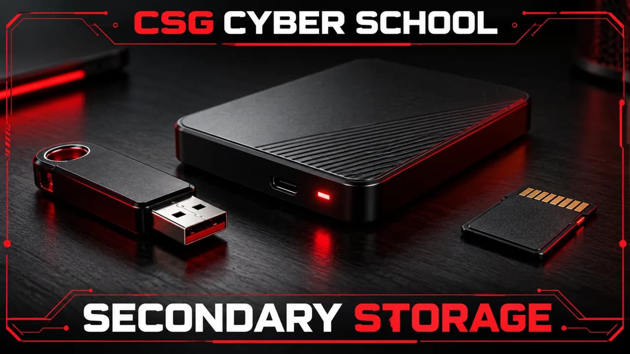 USB flash drive, external hard drive and memory card used for secondary storage