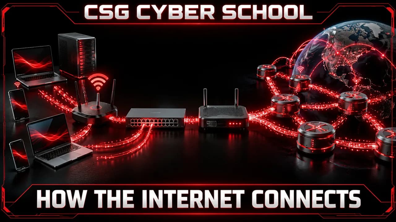 End devices connected through switches, access points, routers and ISP infrastructure
