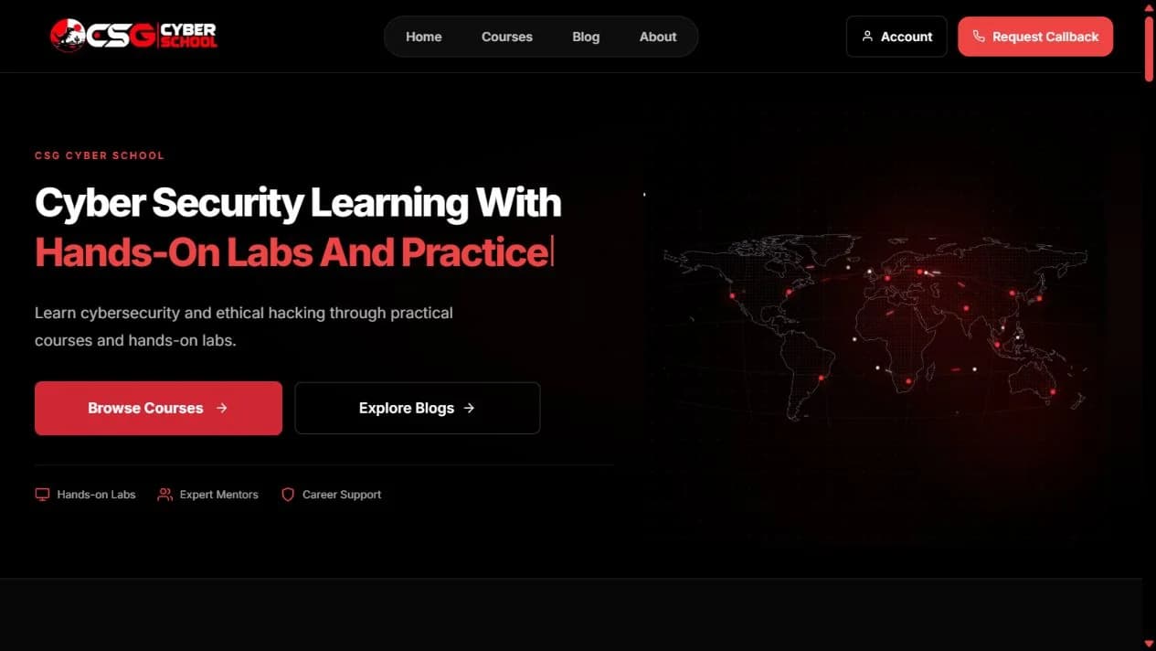 CSG Cyber School website showing its logo, navigation and page content