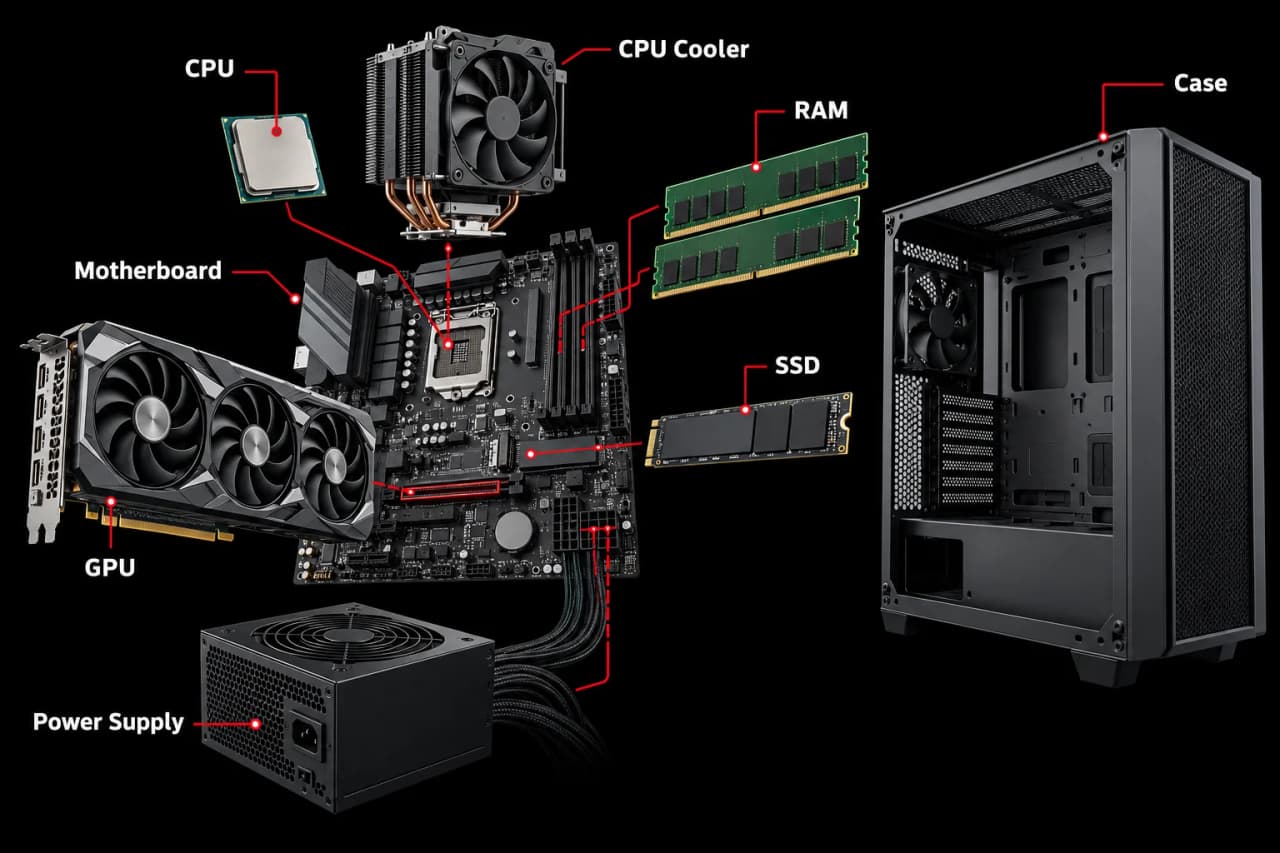 CPU, cooler, motherboard, RAM, SSD, graphics card, power supply and case