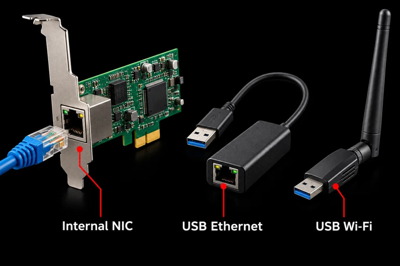 Internal Ethernet card, USB Ethernet adapter and USB Wi-Fi adapter