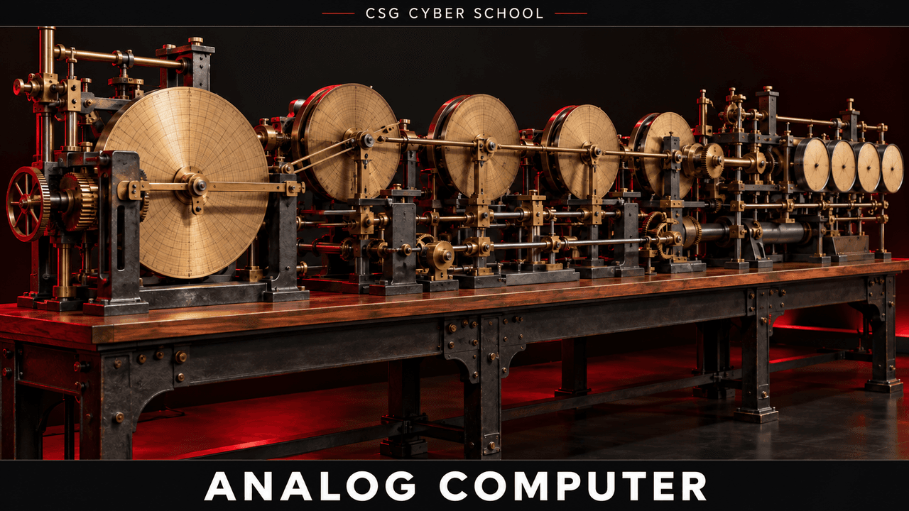 Mechanical analog computer for continuous physical calculations, illustrated by CSG Cyber School