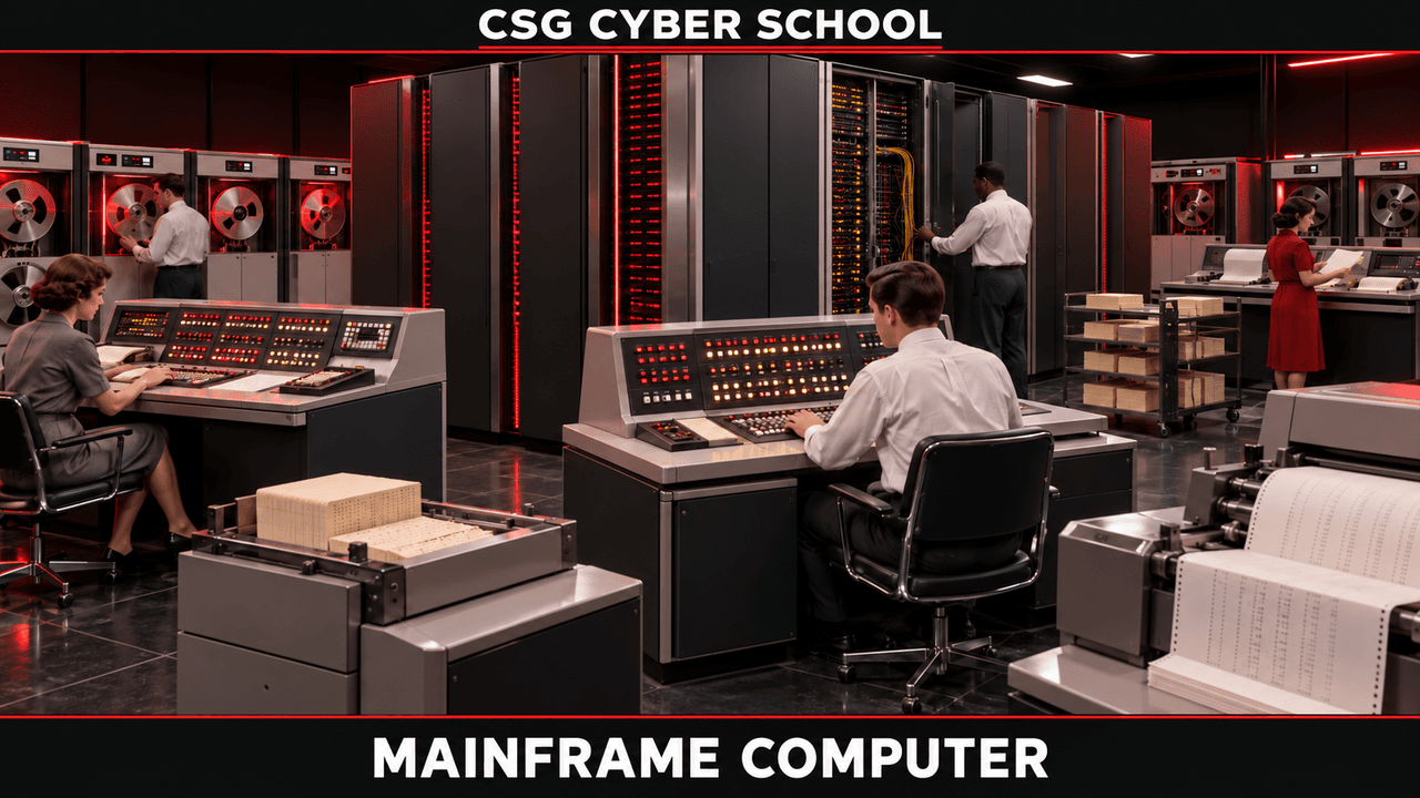 Large mainframe computer system with operator consoles and processing cabinets, CSG Cyber School