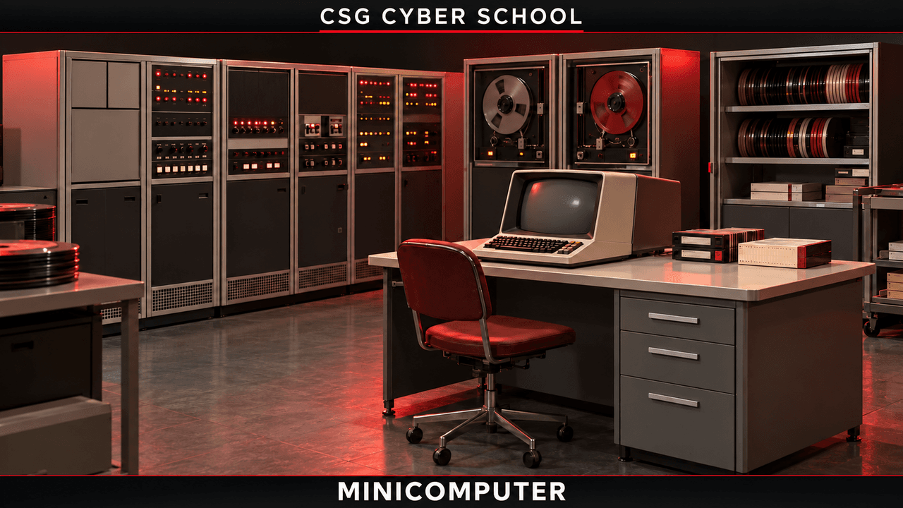 Vintage multiuser minicomputer equipment and terminal for CSG Cyber School computer classification lesson
