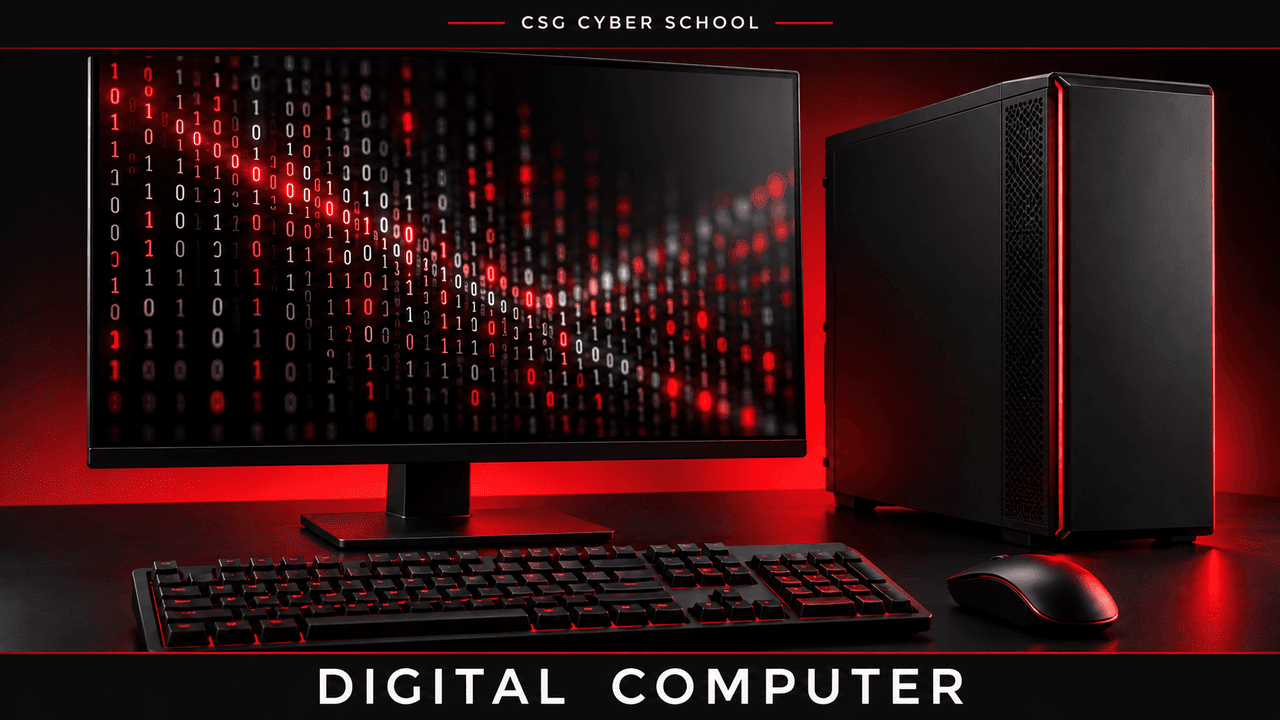 Desktop digital computer processing data as binary zeroes and ones, CSG Cyber School