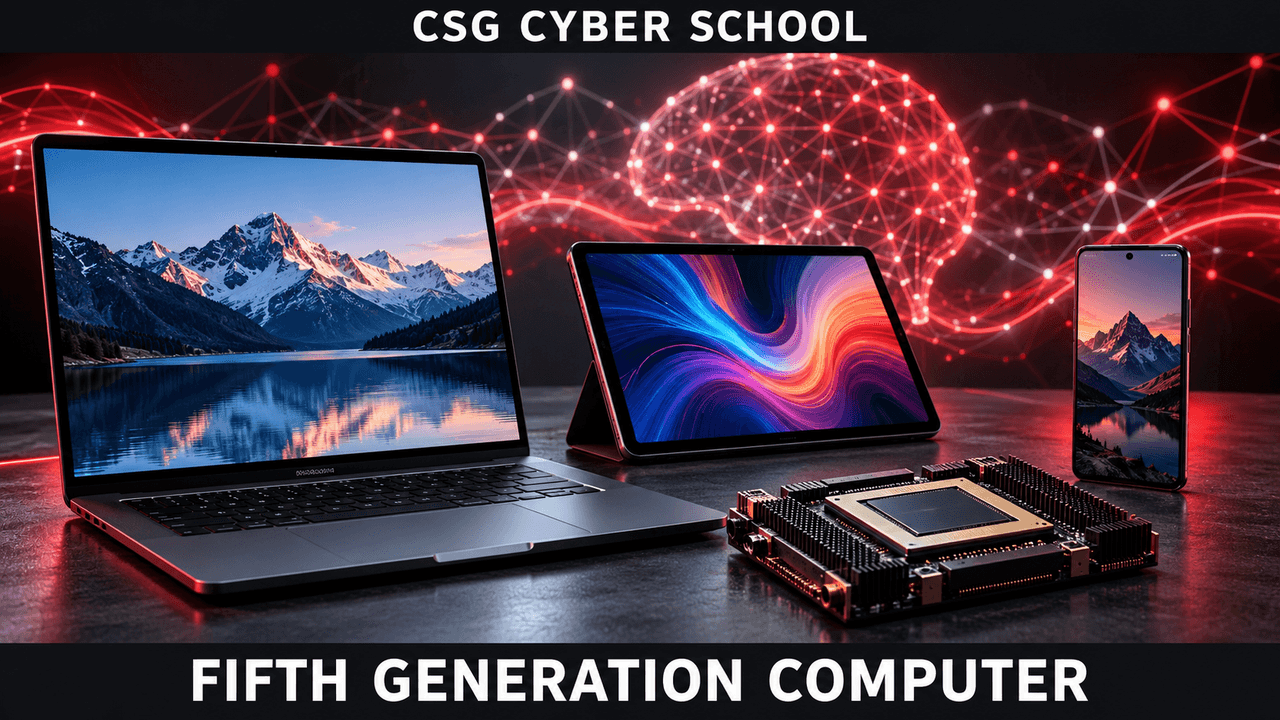 Fifth-generation AI computing with modern digital devices, CSG Cyber School computer generations lesson