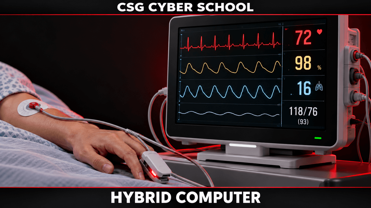 Hospital patient monitor combining continuous sensor signals with digital readings, CSG Cyber School hybrid computing illustration