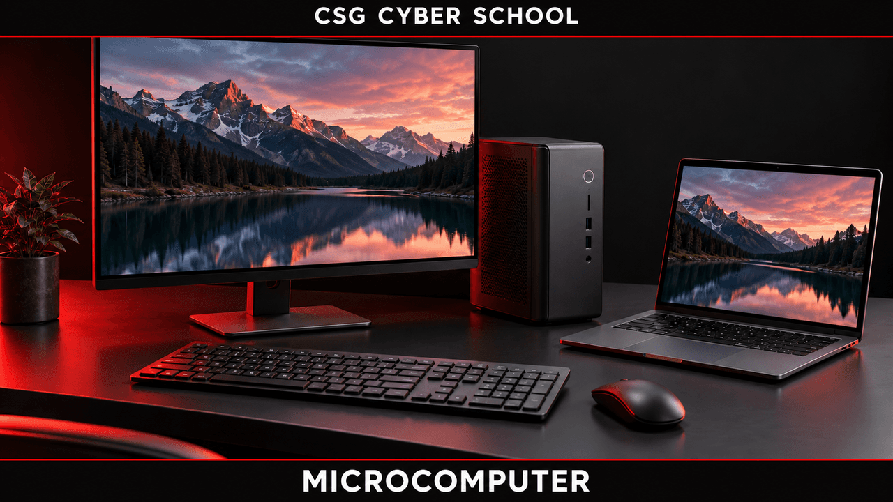 Personal microcomputer desktop setup with laptop, keyboard and mouse, CSG Cyber School