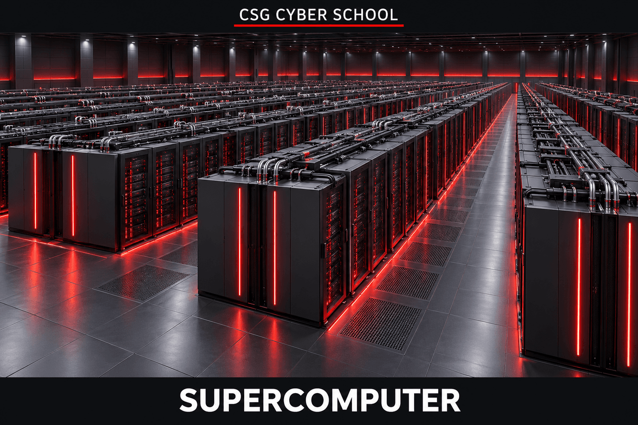 Rows of high performance supercomputer cabinets in a computing data center, CSG Cyber School
