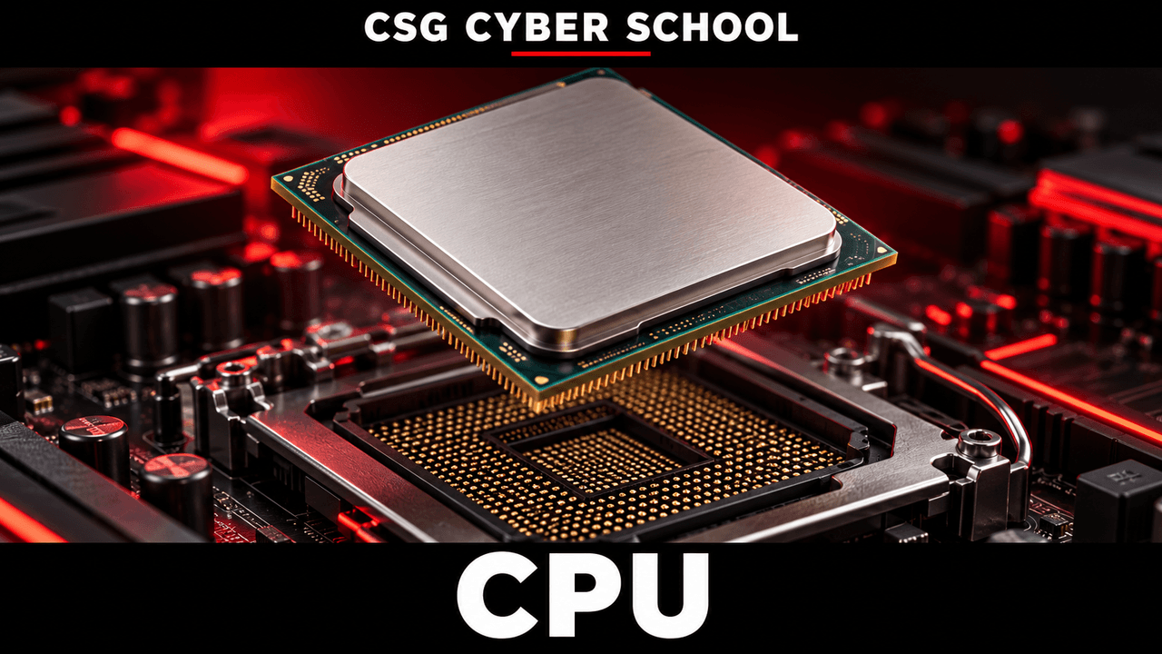 Central Processing Unit (CPU) processor chip beside Control Unit and Arithmetic Logic Unit, CSG Cyber School