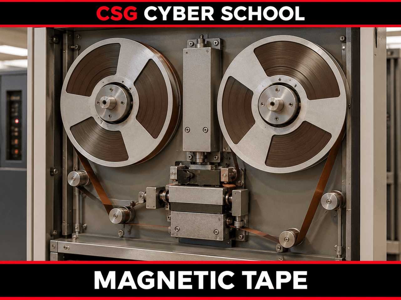 Vintage 1950s magnetic tape drive used for computer data storage, featured in CSG Cyber School's lesson
