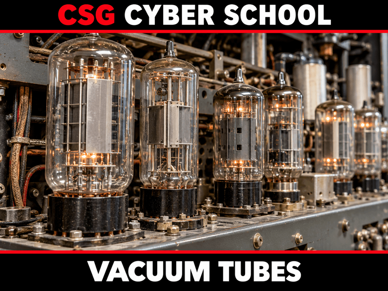 Vintage vacuum tubes from first-generation computers, shown in CSG Cyber School's Basic Computer for Cyber Security lesson