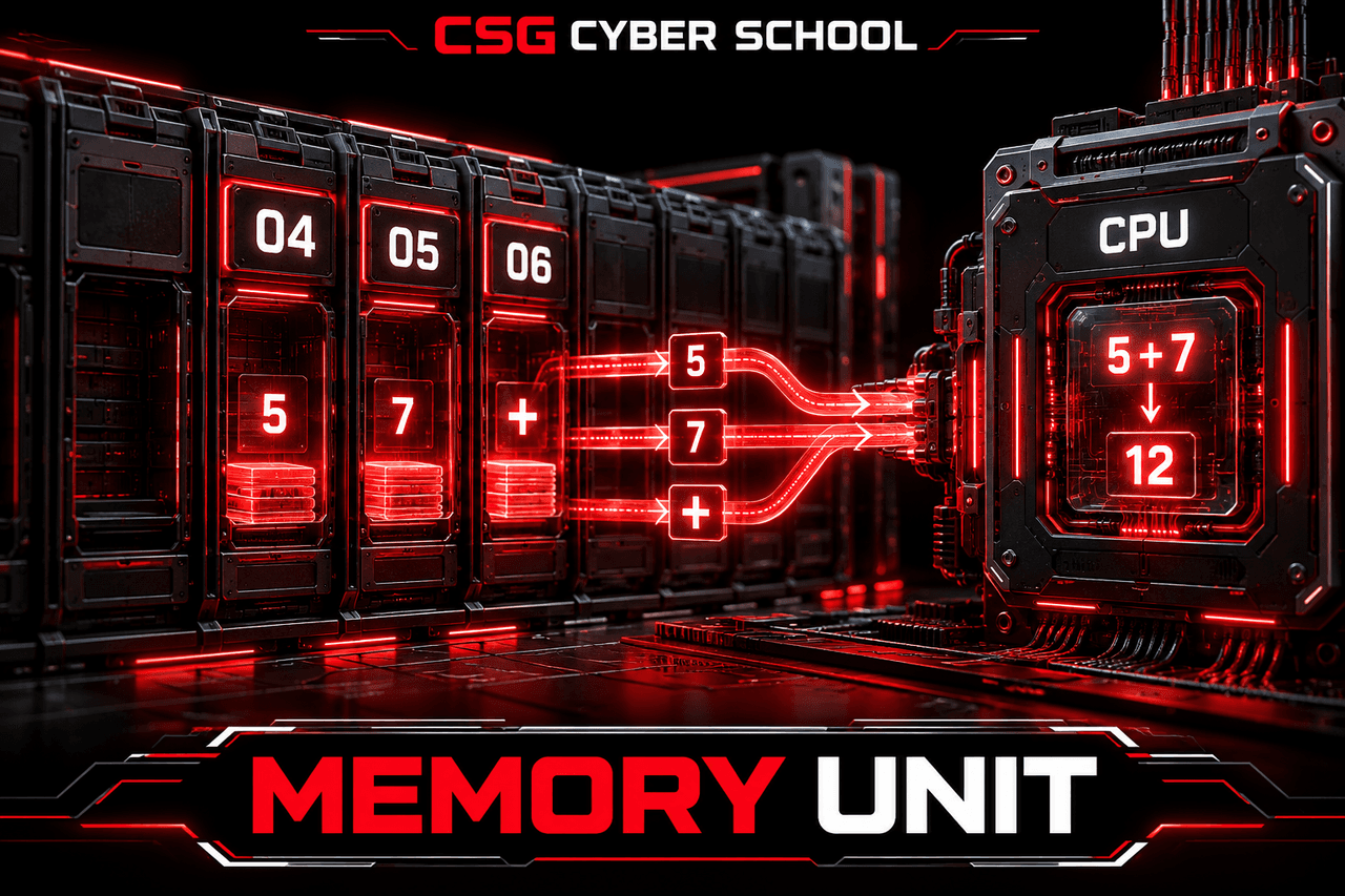 Computer memory unit illustrated as numbered storage spaces for data and instructions, CSG Cyber School