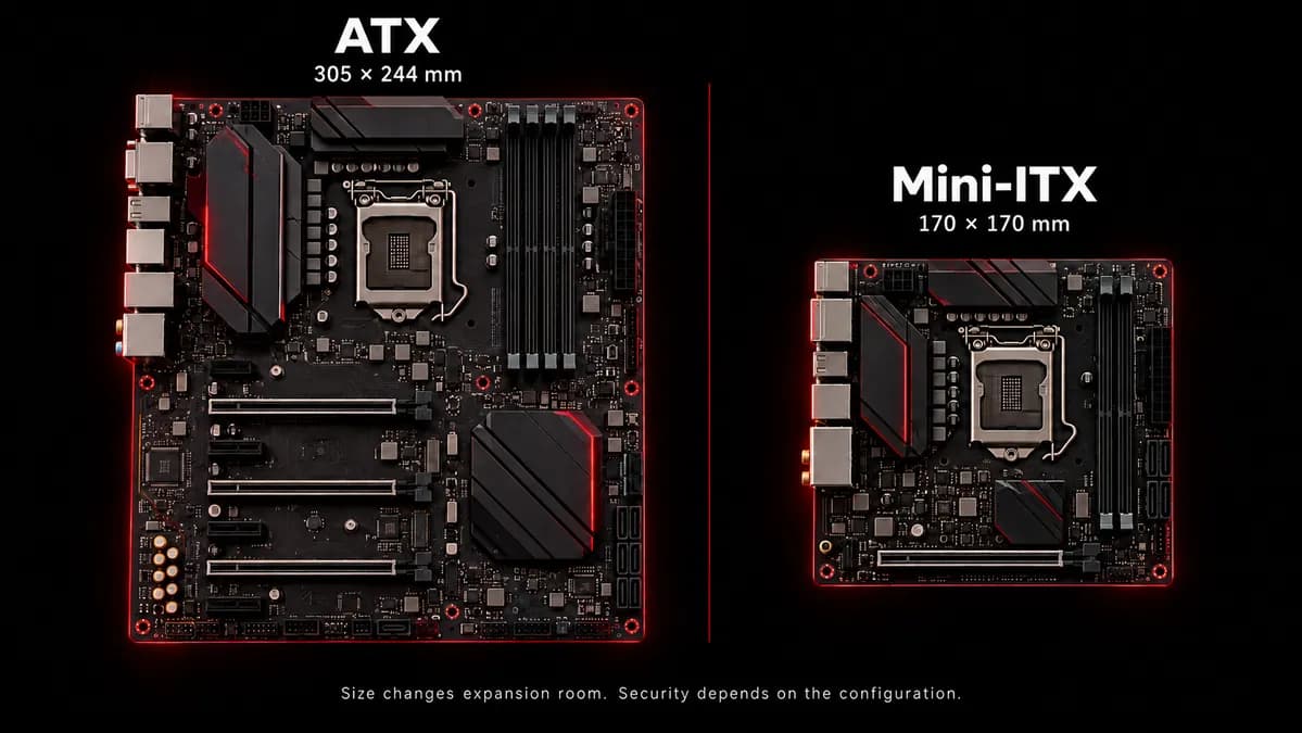 Illustrative ATX 305 by 244 mm and Mini-ITX 170 by 170 mm motherboards compared side by side