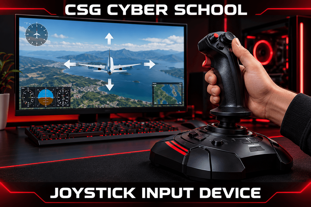 Joystick controller used to move an aircraft in a flight simulator, CSG Cyber School