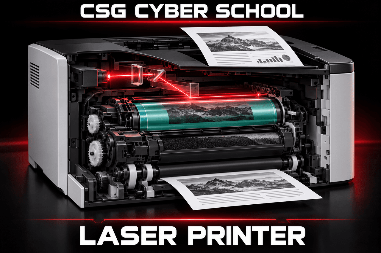 Laser printer using laser optics and toner to print on paper, CSG Cyber School