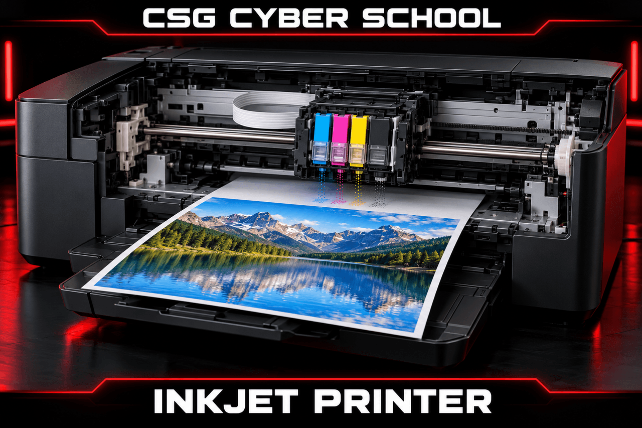 Inkjet printer applying colored ink droplets to paper, CSG Cyber School
