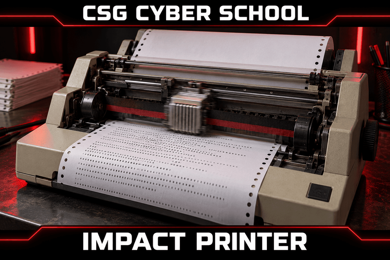 Noisy historical dot matrix impact printer striking an inked ribbon, CSG Cyber School