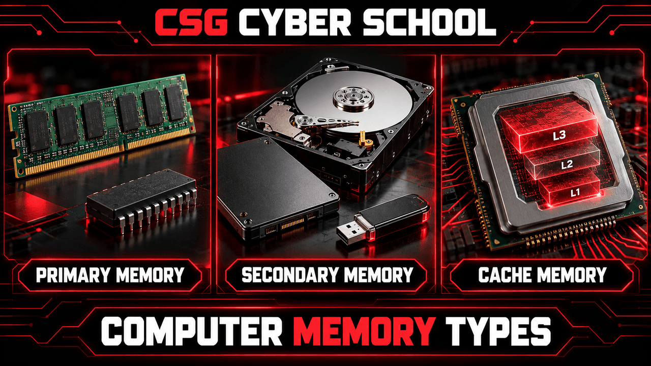 CSG Cyber School illustration showing primary RAM and ROM, secondary drives and CPU cache memory