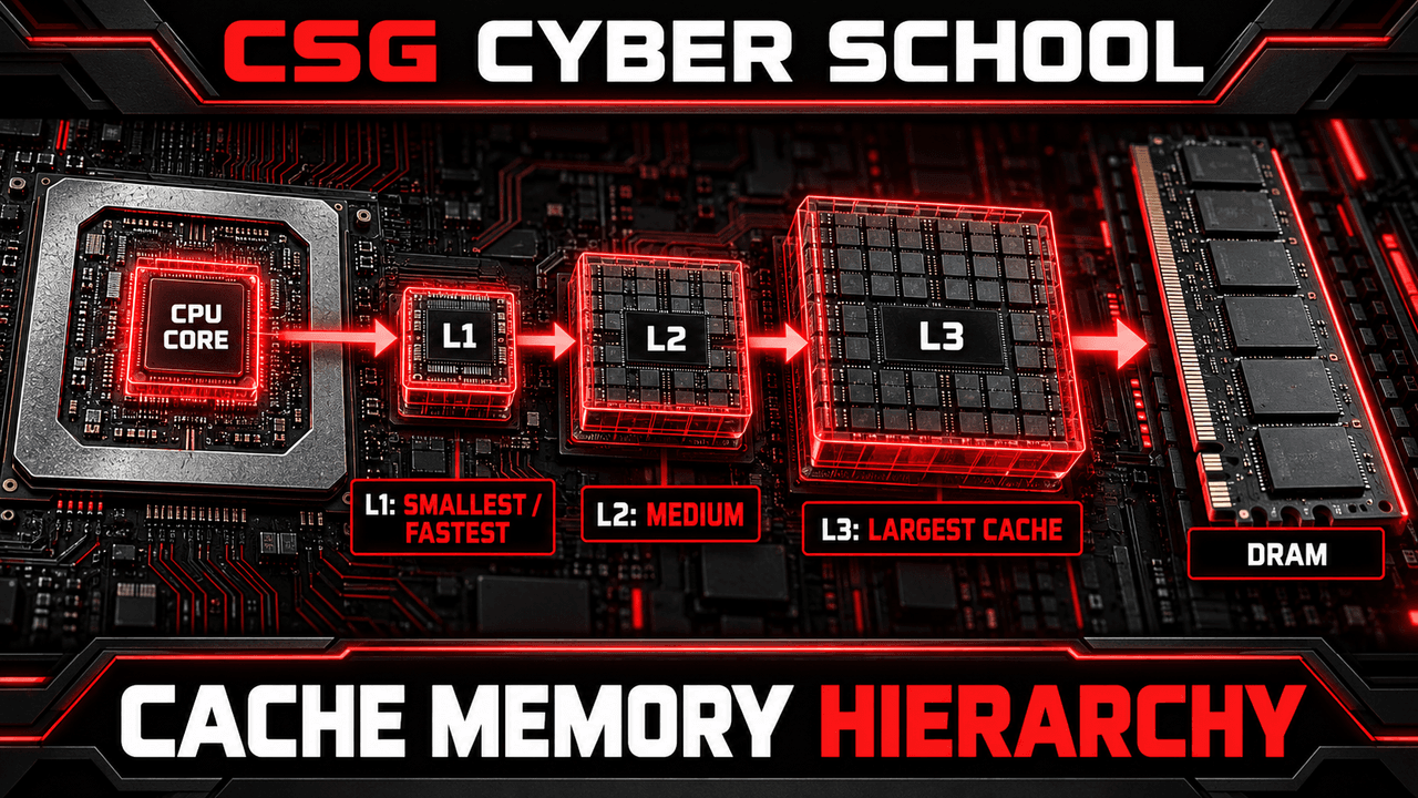 CSG Cyber School CPU cache hierarchy diagram showing L1 closest, then L2, L3 and system RAM