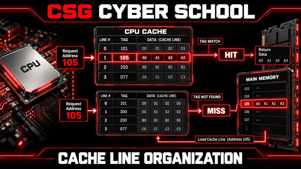 CSG Cyber School cache line lookup with memory address matching and cache hit or cache miss