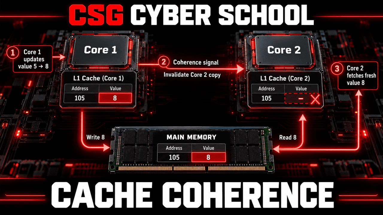 CSG Cyber School cache coherence lesson: two CPU cores keep an updated value at the same address