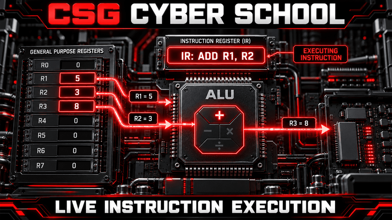 CSG Cyber School execution example using CPU registers and ALU to add values