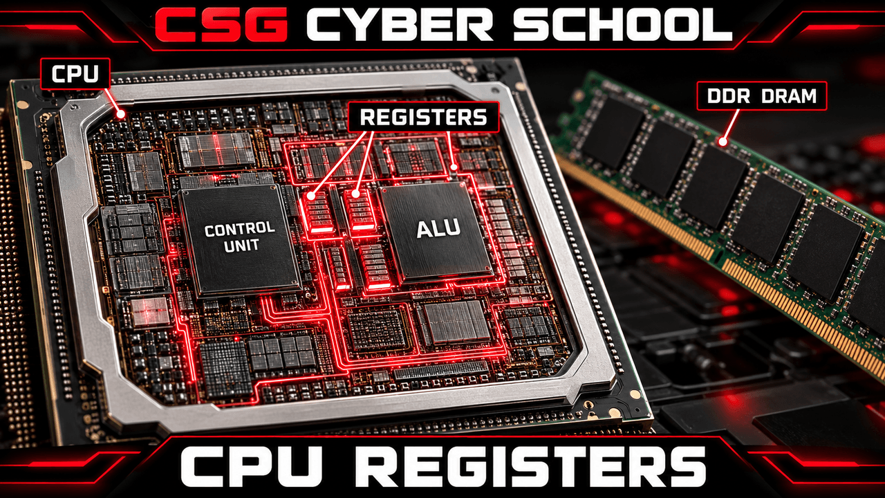 CSG Cyber School hardware illustration highlighting small registers inside a CPU