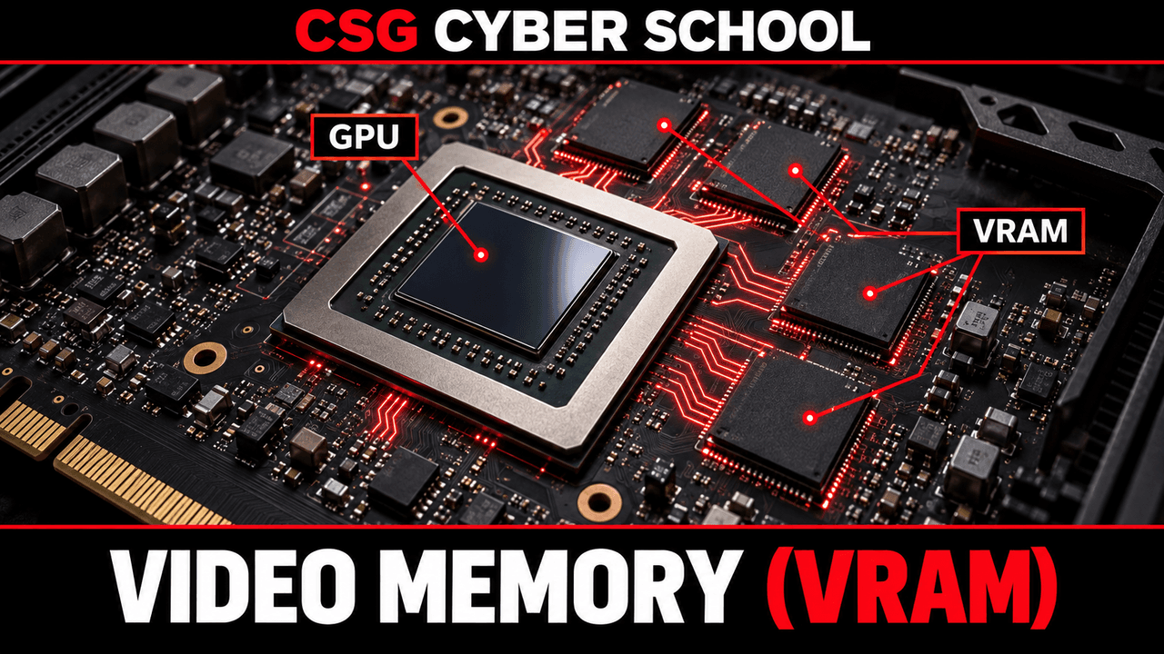 CSG Cyber School GPU graphics card with nearby video RAM memory chips