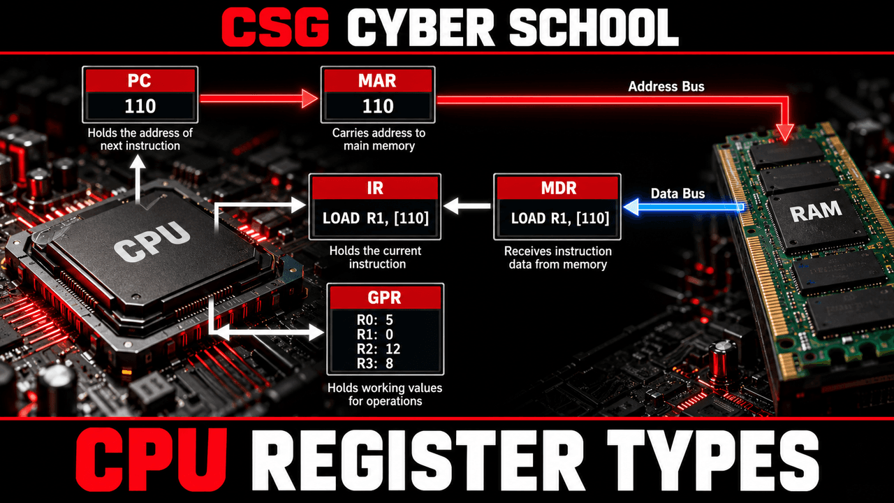 CSG Cyber School instruction fetch path showing PC MAR MDR IR and RAM