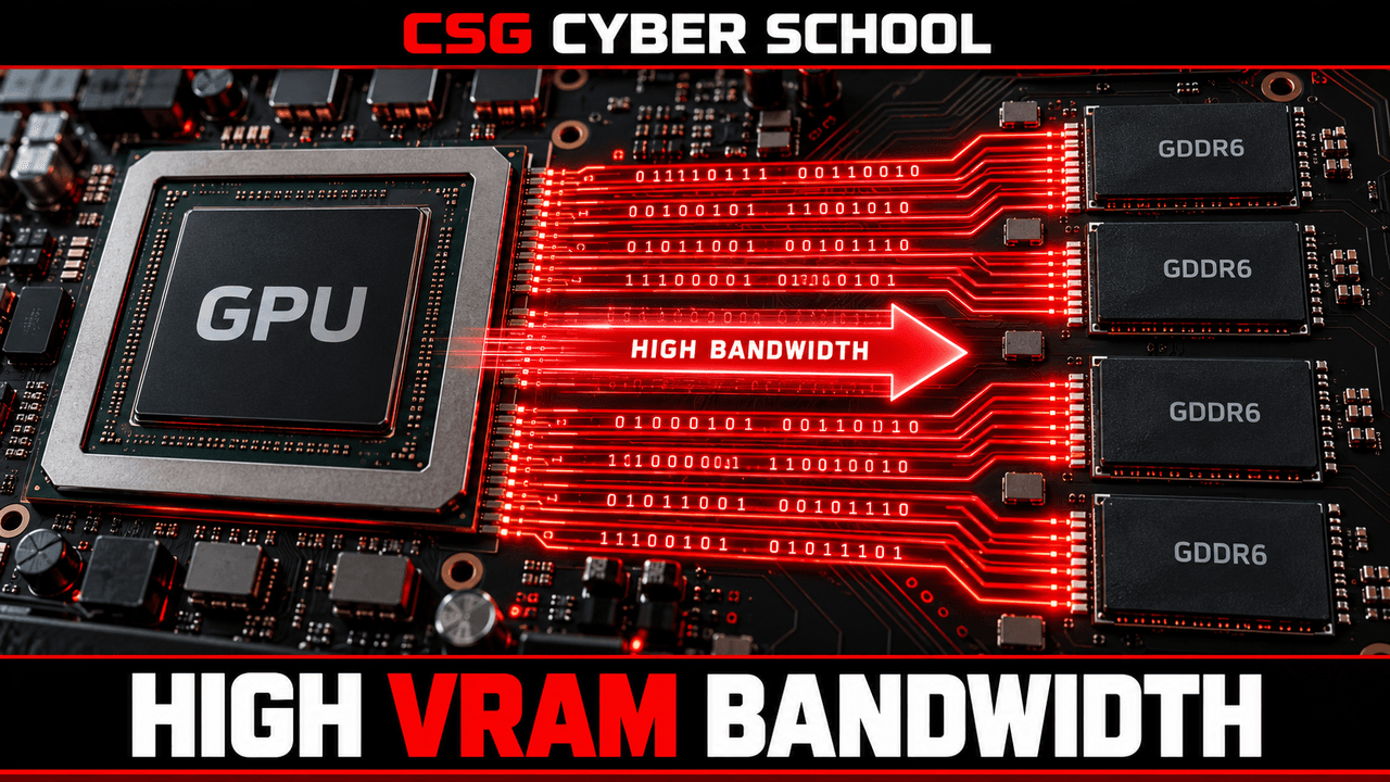CSG Cyber School illustration explaining large data transfer bandwidth between GPU and VRAM