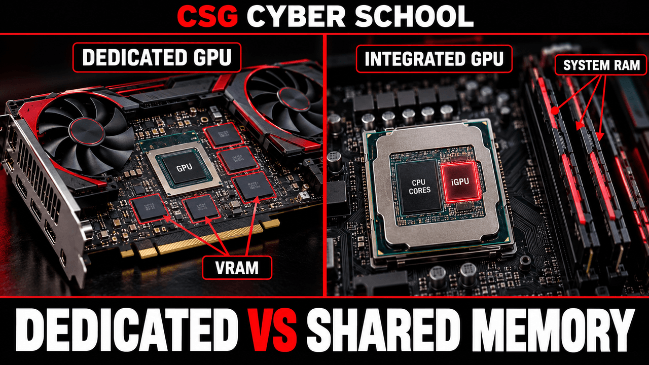CSG Cyber School comparison of a dedicated graphics card with VRAM and integrated graphics using shared system RAM