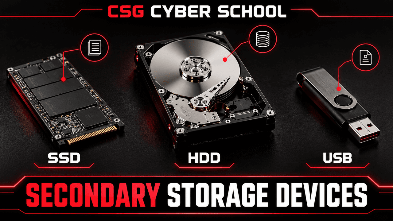 CSG Cyber School secondary storage devices showing SSD hard disk drive and USB storage