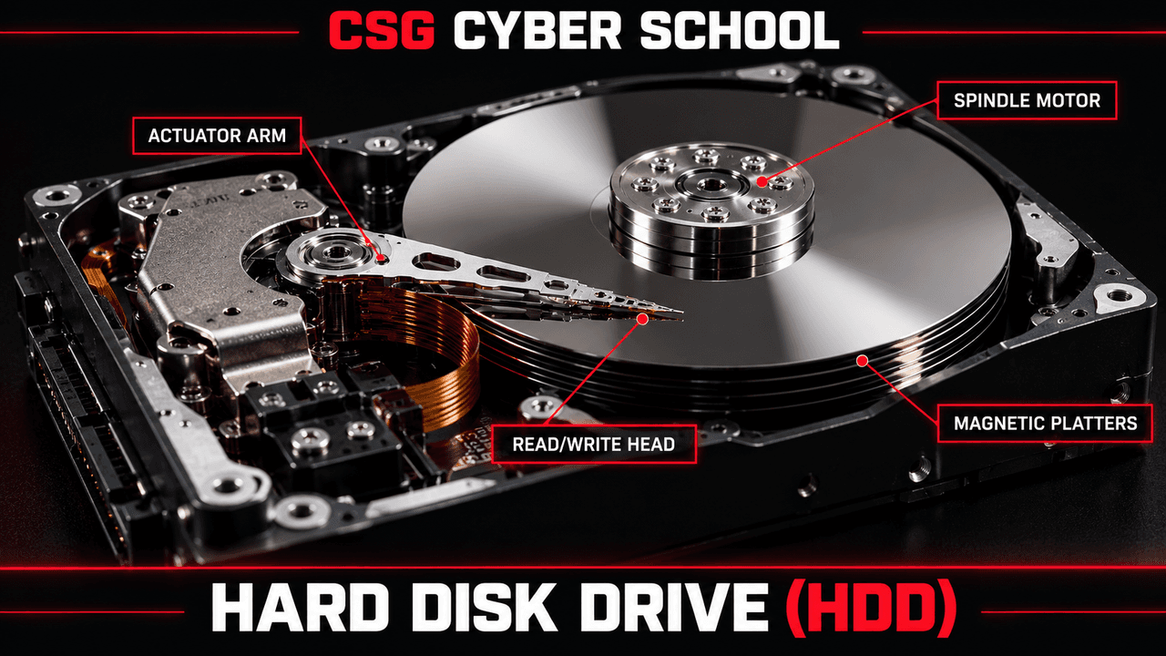 CSG Cyber School cutaway hard disk drive showing magnetic platters spindle and moving read write arm