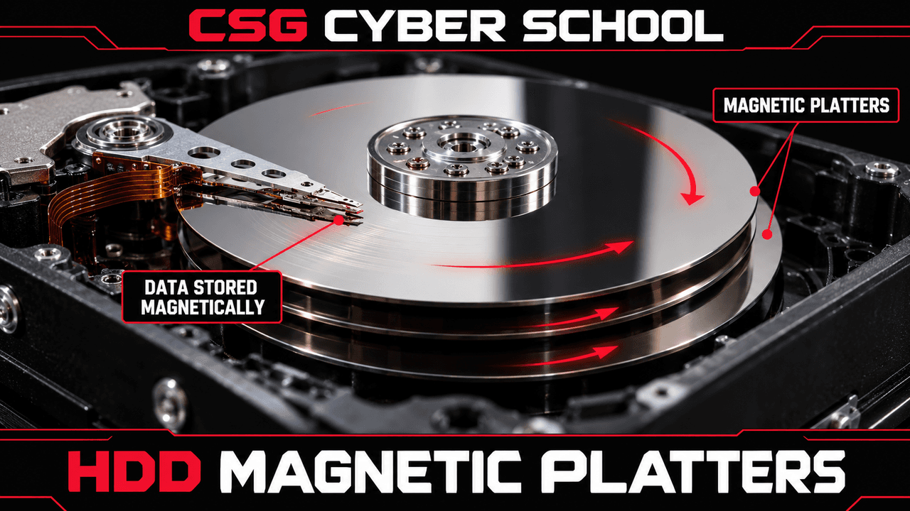 CSG Cyber School close-up of spinning magnetic platters inside a hard disk drive