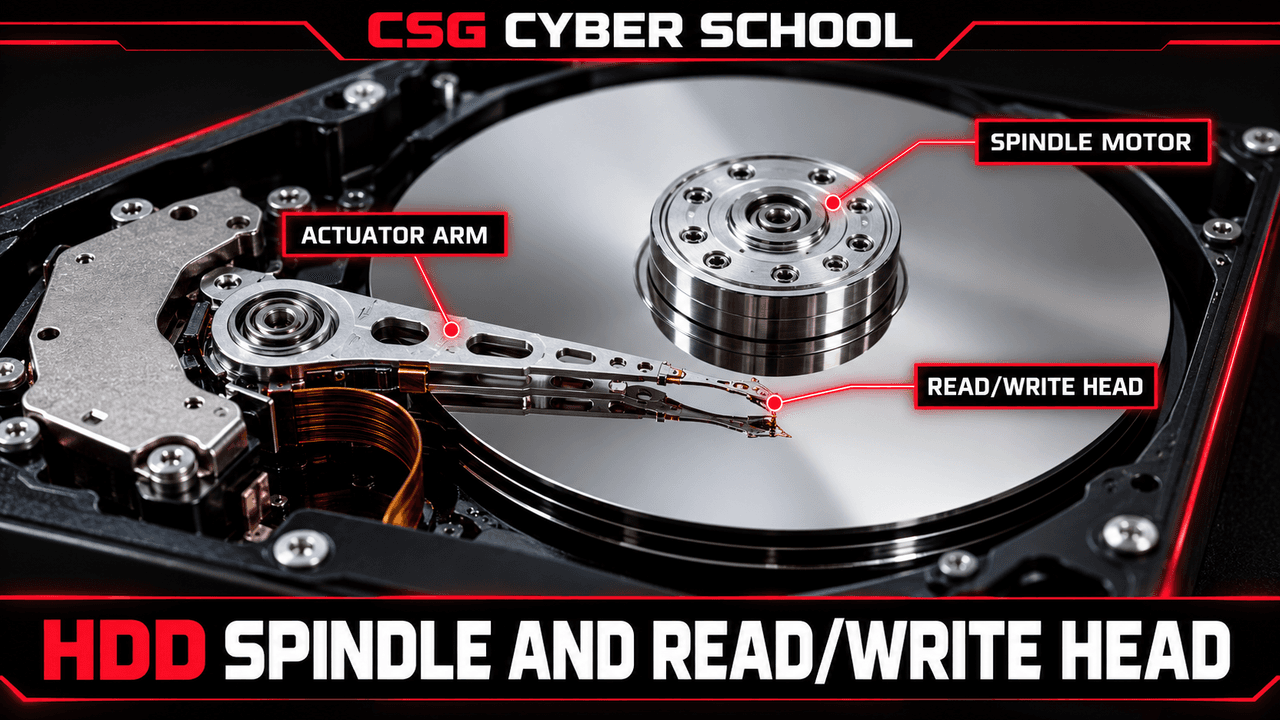 CSG Cyber School exploded HDD illustration distinguishing spindle motor from actuator arm and read write head