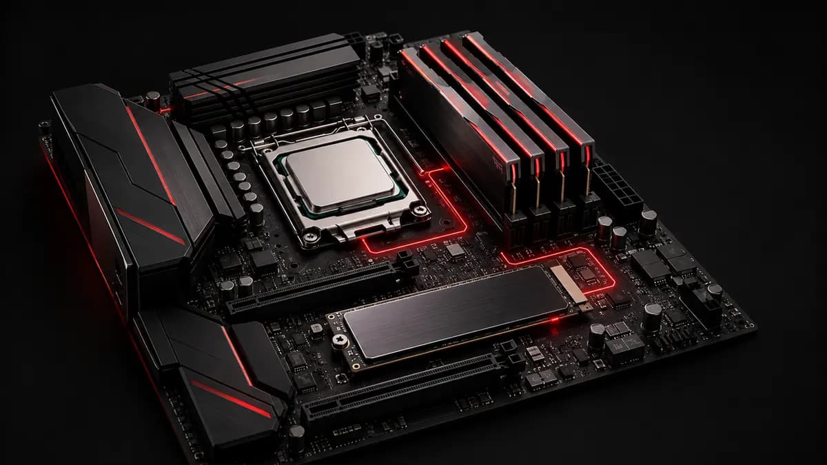 Computer motherboard showing a CPU, RAM modules and an SSD