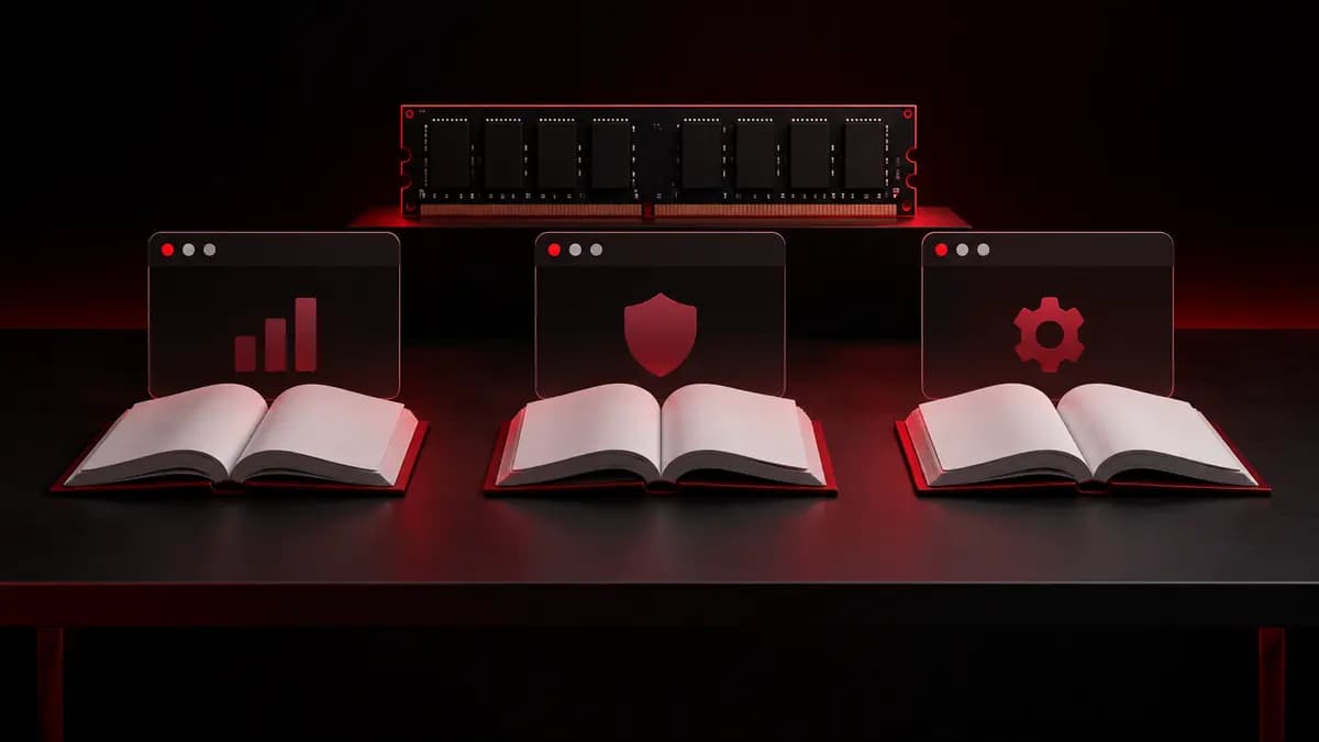 Three open books and application windows illustrating RAM as active working memory