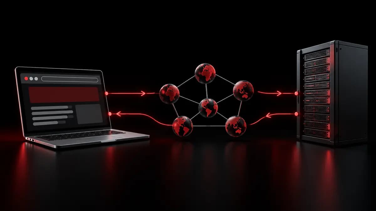 Laptop browser exchanging data through network nodes with a web server